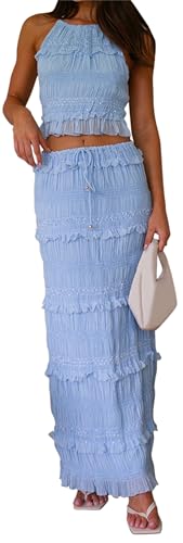 Women's Y2k 2 Piece Outfits Shirred Halter Neck Tie-Up Tank Tops and Ruched Ruffle Maxi Skirt Sets Beachwear