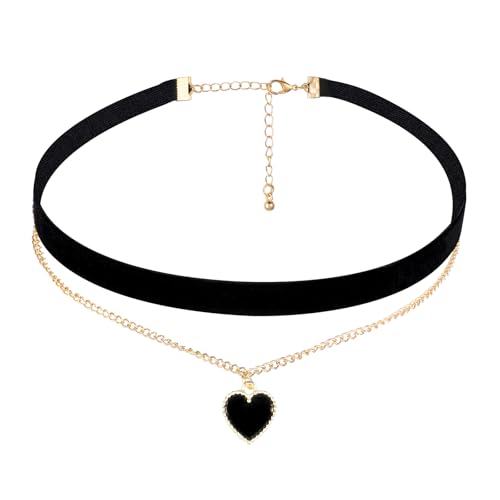 HekouJiub Gothic Samt Halskette Halloween Schwarz Trachtenkette Damen Choker Halskette mit Herzanhänger Verstellbare Herz Halsband 80er 90er Jahre Schleifenkette für Halloween Cosplay Party