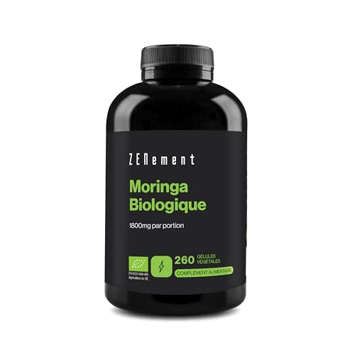 Moringa Biologique 1800 mg par Dose - Super-aliment Bio avec Vitamines, Minéraux et Antioxydants - Haute Concentration et Pureté - 260 Gélules Véganes - Cure 3 Mois - Zenement