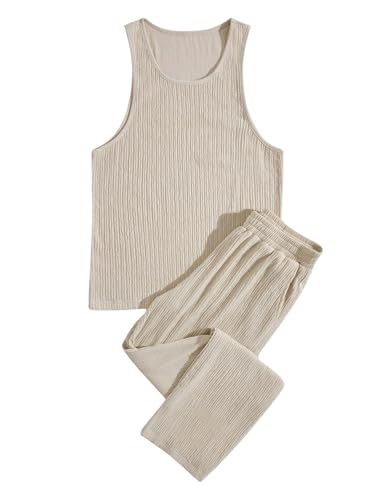 GORGLITTER Men's 2 Piece Linen Sets Rib Knit Summer Outfits Sleeveless Tank Top Baggy Wide Leg Pants Set4