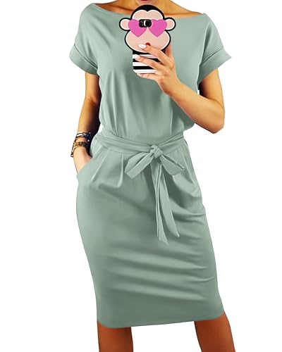 Image of PRETTYGARDEN Women's Summer Short Sleeve Crewneck Striped Dress Basic Solid Tie Waist Office T Shirt Dresses Pockets
