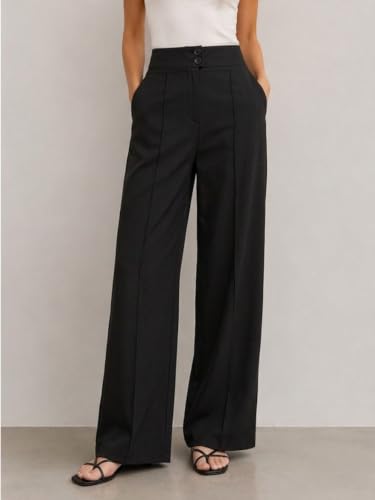 Image of Women's High Waist Wide Leg Trousers | High Rise Button Closure Palazzo Pants | Comfortable Casual Formal Office Wear Trousers | Stylish Bottom Wear for Women