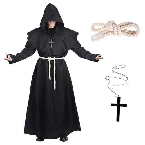 Túnica Sacerdote de Halloween,Disfraz de Monje con Capucha,Disfraz de Sacerdote,Sacerdote Túnica Medieval,Halloween Prister Disfraz,Disfraz de Túnica de Monje,con Collar de Cruz,Guantes,Cinturón
