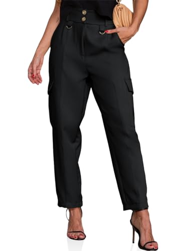 Cicy Bell Womens High Waisted Cargo Pants Casual Button Down Straight Leg Trousers with Pockets