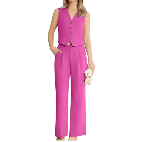 Women's 2 Piece Suit Linen Casual Lightweight Button Front Vest Sleeveless V Neck Vest Jacket and Pants