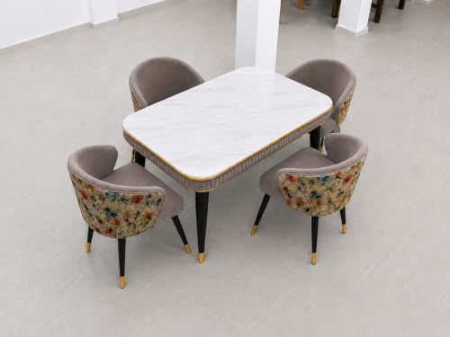 Image of WOODEN SPACE Majestic 4 Seater Wooden Dining Table Set | Urban Marble Top Dining Table with Chairs for Dining Room & Kitchen (Modern Classic Printed Brown) (54 x 36 x 30 inch)