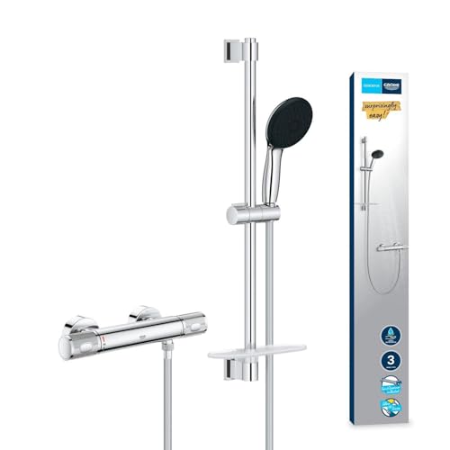 GROHE Precision Feel, Duschset mit Thermostat wassersparend, 8l pro Min (Duscharmatur hält Temperatur konstant, Duschkopf 3 Strahlarten, 1,75m Schlauch, Duschstange 60cm, 3in1 Tool), chrom, 34791001