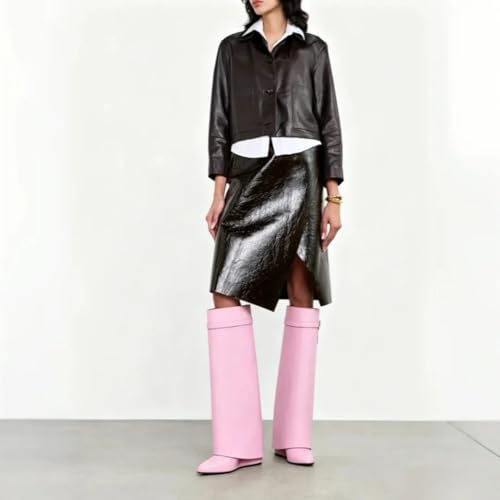 Image of keleimusi Fold Over Wedge Boots Heeled PadLock Pant Knee High Shoes Tall /Short Booties