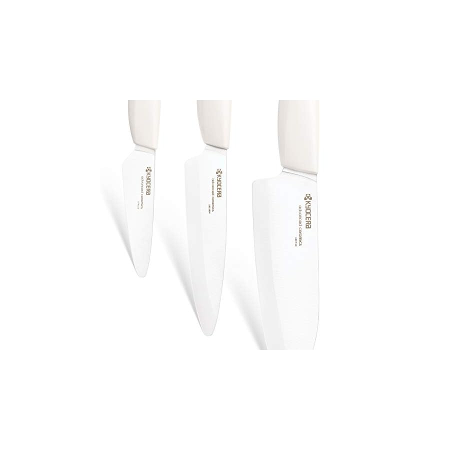 Kyocera 3Piece Advanced ceramic Revolution Series Knife Set, White, Blade Sizes: 5.5", 4.5", 3"