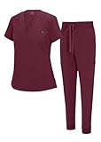 Natural Uniforms Womens Cool Stretch Modern Tuck-In Top Yoga Jogger Scrub Set (Burgundy, Small)