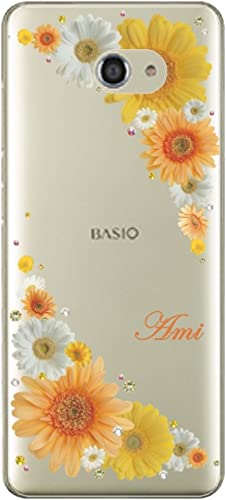 BASIO4 ケース ベイシオ4 カバー KYV47 ラインストーン らふら 押し花風 イエローオレンジ