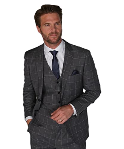Conjunto de 3 piezas para hombre, a cuadros, a cuadros, color gris, formal, boda, retro, clásico, estilo vintage, Gris, 38