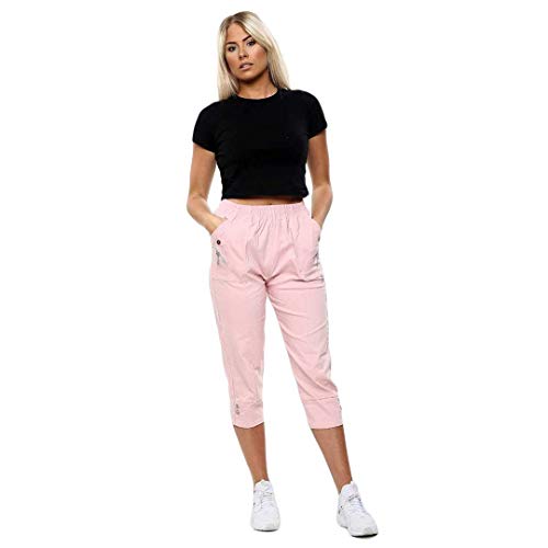 Pantaloni a 3/4 da donna in cotone elasticizzato elasticizzato taglia 10-24, due tasche laterali con vita completamente elasticizzata, extra elastico e comfort dal materiale in cotone. Comodo e semplice, ideale per primavera ed estate. Lavabile in lavatrice. 60% cotone, 35% poliestere, 5% elastan