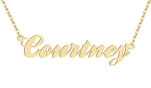 Dancing Wolf 18k Gold Plated Courtney Name Necklace Stainless Steel Nameplate Necklaces Jewelry for Womens Moms