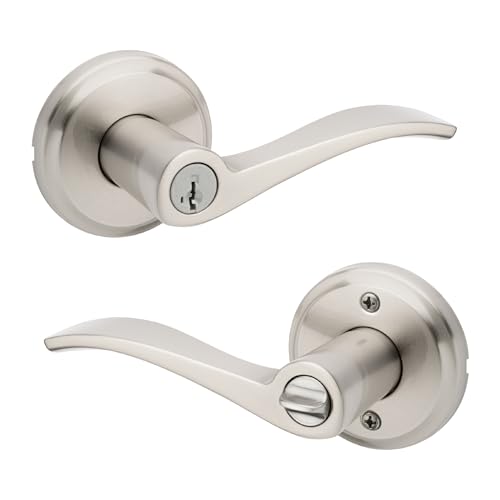 Image of Kwikset Sedona Entry Door Handle with Lock and Key, Secure Keyed Reversible Lever Exterior, for Front Entrance and Bedrooms, Satin Nickel, Pick Resistant Smartkey Rekey Security and Microban