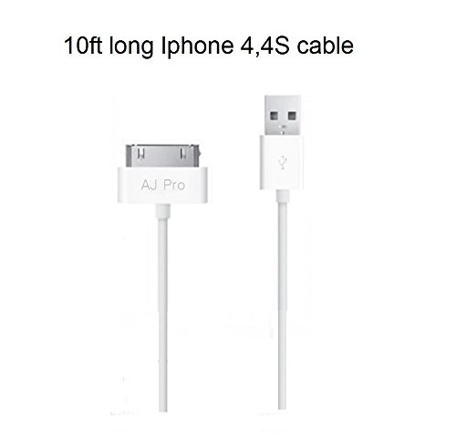 Extra Long (10ft) Heavy Duty White 30 pin USB Power Cord and Charge & Sync Cable for Apple iPhone 4, 4S, 3S and iPad 1,2,3 -AJ Pro(TM)
