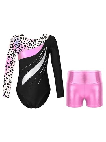 Kids Girls Long Sleeve Leotards with Shorts Sets 2 Pieces Gymnastics Dance Outfits Dancewear Tracksuit