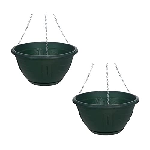 PHG Delicate Flower and Herb Plastic Hanging Basket | Large Garden Basket | Classic Plant Saucer | Wicker Hanging Basket | Easy Fill Hanging | Outdoor Planter | 32 cm (Pack of 2, Green)