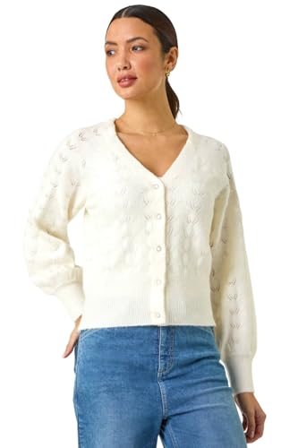 Image of Roman Pointelle Detail Knit Cardigan for Women UK - Ladies Autumn Everyday Winter Holiday V-Neckline Comfy Long Sleeve Soft Button Up Jumper Office Desk Sweaters - Ivory - Size S