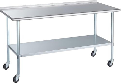 Image of Stainless Steel Table for Prep & Work with Caster & Backsplash 30x72 Inches, NSF Metal Commercial Kitchen Heavy Duty Table with Adjustable Under Shelf and Table Foot for Restaurant, Home and Hotel