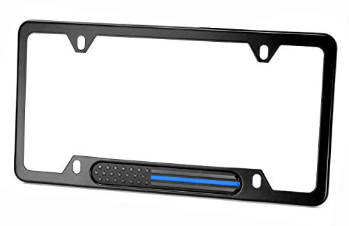 Black Stainless Steel License Plate Frame (Black Flag with Thin Blue Line)