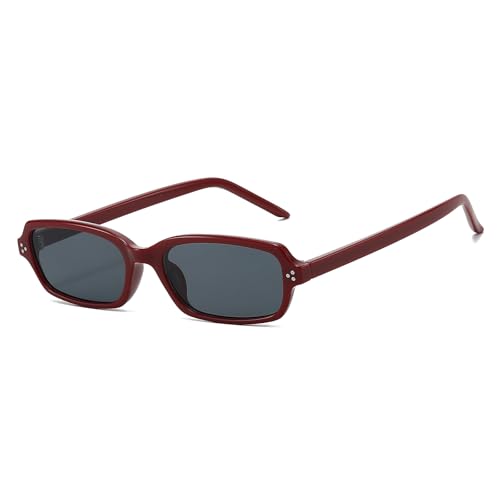 Image of LJCZKA Small Rectangle Sunglasses for Women Men Retro Narrow Rectangular Sunglasses 90s Trendy Shades UV400 Protection (Dark Red Grey)