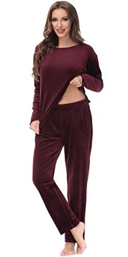 Cozziplus Women Velour Sweatsuits Sets Lounge Set 2 Piece Sweatsuit Crew Neck Sweatshirt And Sweatpant Velvet Jogging Suit(Burgundy,M) #TOP2