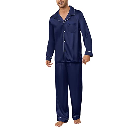 Image of U2SKIIN Mens Silk Pajamas Set, Long Sleeve Satin Pajamas for Men Sleepwear Button Down Pjs Set Two-piece