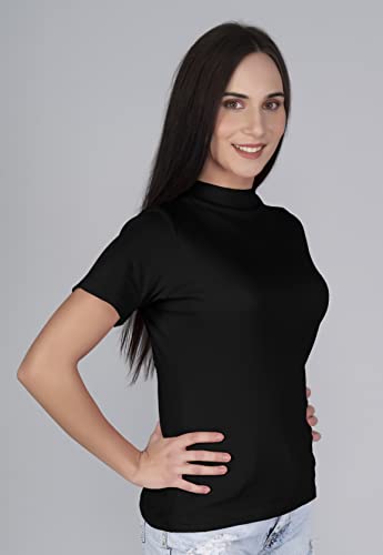 Image of A5057 Women's Basic Solid Turtle Neck Half Sleeves Stretchable Ribbed Stylish Women Top