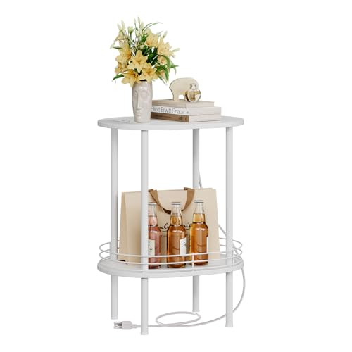 Image of Small Oval Side Table with Charging Station, 2-Tier White Round End Table | Narrow Nightstand with USB Ports and Outlets, Bedside Table for Small Space - Living Room, Bedroom, Nursery,(1PC,White)