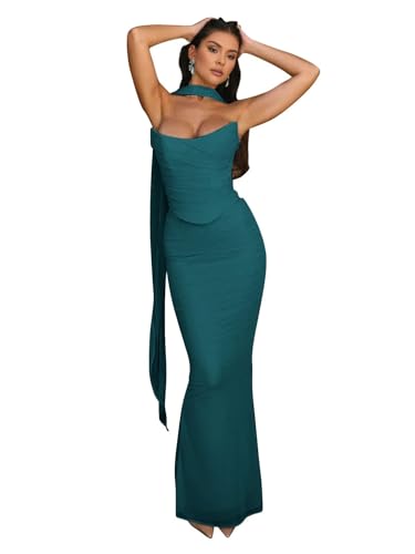 RYANTH Teal Chiffon Strapless Bridesmaid Dresses for Women with Scarf 2 PCS Mermaid Long Prom Dresses 2025 Bodycon Formal Evening Gown Size 2