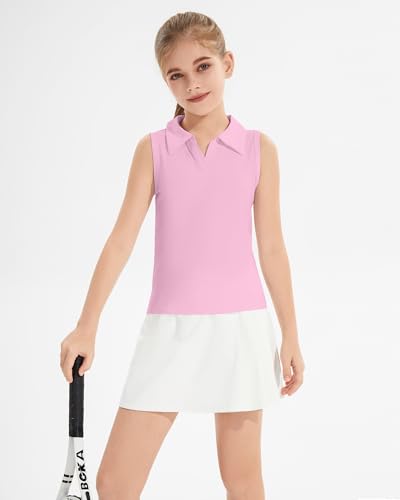 Image of Girls Sleeveless Polo Shirts, Kids V Neck Golf Shirts Blouses, Quick Dry Athletic Girls Tennis Tank Tops, Size 5-14