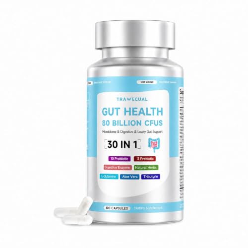 Trawecual Gut Health Capsule Supplement Supports Microbiome Leaky Gut and Digestion with 80 Billion CFU Probiotics Prebiotics Digestive Enzymes 30-in-1 Gut Health Supplement 100 Capsules