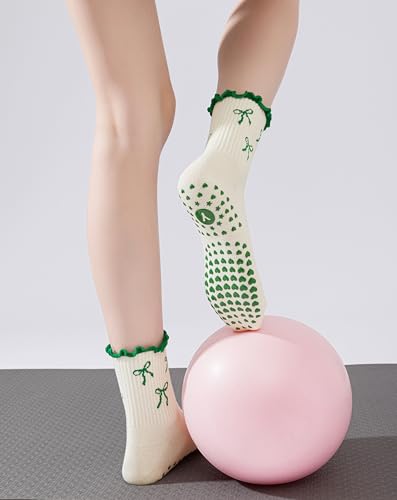 Image of Yawlsow Pilates Grip Socks for Women Yoga Grippy Socks Cute Barre Non Skid Athletic Crew Sticky Sock Workout Hospital