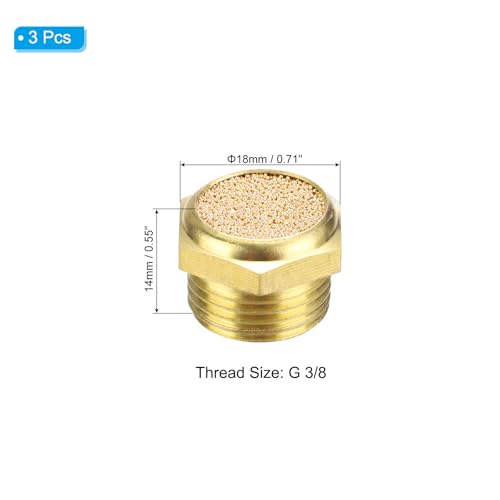 PATIKIL Brass Pneumatischer Auspuffschalldämpfer g 3/8, 3er-Pack Sinterbronze-Luftkompressor-Schalldämpfer Passend für Flachluftmagnetventilschalldämpfer für, Golden