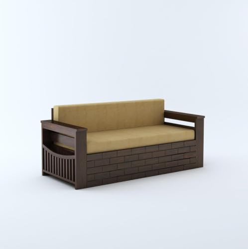Image of MAMTA DECORATION Wooden Sofa Cum Bed for Living Room | Solid Sheesham Wood Convertible 3 Seater Diwan Sofa Bed with Pull-Out Storage Armrest | Folding Double Bed for Home & Guest Room | Walnut Finish