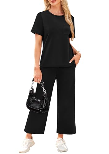 Image of WIHOLL 2 Piece Sets for Women Casual Summer Travel Vacation Outfits Short Sleeve Wide Leg Crop Pants Lounge Sets
