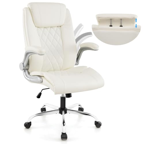 COSTWAY PU Leather Office Chair, Height Adjustable Executive Chair with Rocking Function, 6-position Adjustable Headrest, Flip up Armrests & Wheels, Home Office Swivel Computer Desk Chair (White)