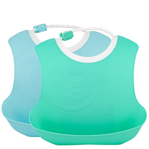 Twistshake Babylätzchen – 2er-Pack | Baby-Lätzchen mit verstellbarem Nackenband und großer Lebensmitteltasche | Wasserdicht – BPA-frei | Blaugrün
