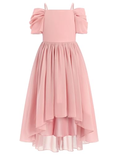 IDOPIP Girls Chiffon Maxi Cold Shoulder Dress A-line High Low Junior Bridesmaid Flower Girl Wedding Birthday Party Dresses