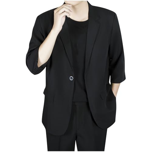 Mens Dress Suit Blazer Casual 3/4 Sleeve One Button Jacket with Pockets Notch Lapel Lightweight Business Office Blazer
