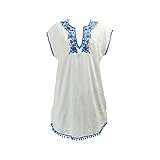 NF NITZSCHE fashion - leichtes Strandkleid für Damen - blau/weiß - Stickmuster - Blumenmuster - Freizeitkleid - Strandkleid - Überwurf für Bikini - Poncho - Tunika (L/XL)
