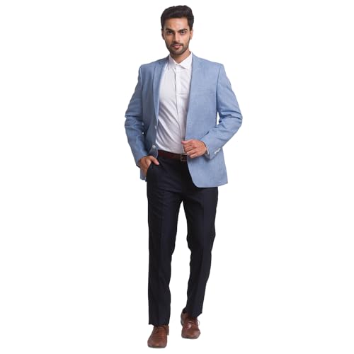 Image of Colorplus Men's Contemporary Fit Cotton Blend Notch Collar Yarn Dyed Pattern Full Sleeve Blue Casual Blazer