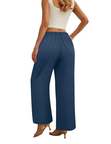 Womens Wide Leg Palazzo Pants Dressy Casual Lounge Baggy Pant Summer Travel Loose Drawstring Elastic Waist Trouser with Pockets Navy Blue S3