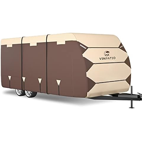 VINPATIO 2022 Upgraded Travel Trailer Cover, Fits 27'-30' RV Heavy Duty Polyster RV Cover Ripstop Anti-UV Windproof Camper Cover, with 1 Tongue Jack Cover 6 Gutter Cover 2 Pcs Extra Straps, Brown Cover