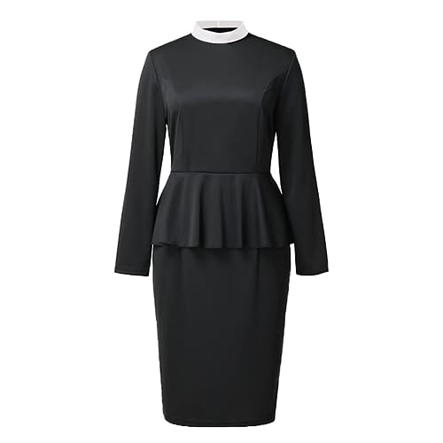 Womens Church Clergy Dress Spring/Autumn Long Sleeve Ruffle Slim Pencil Dress with Banded Full Collar