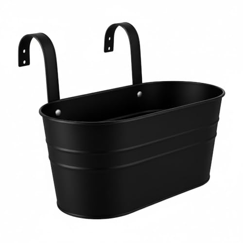 HAPPYMATES Metal Black Oval Hanging Railing Planters for Balcony, Flower Pots with Hooks for Outdoor Window, Garden Yard and Home Decor (Set of 2pc)