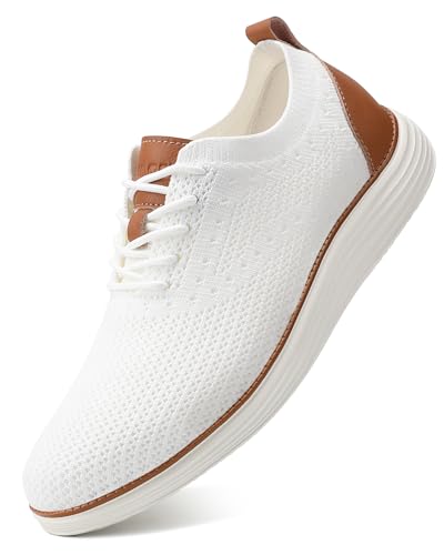 VILOCY Men's Dress Sneakers Oxfords Casual Business Shoes Lace Up Lightweight Walking Knit Mesh Fashion Sneakers White,EU43