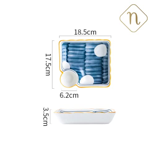 Image of Nestasia Set of 2 Ceramic Chip and Dip Snack Plate with Dip Section | Microwave & Dishwasher Safe Starter Plates | Perfect for Fries, Momos, Sushi, Kebab (White & Blue)