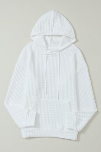 SHEWIN Womens Hoodies Casual Long Sleeve Drawstring Waffle Hoodie Pullover Sweatshirts Loose Hooded Sweatshirt for Women Trendy Fall Tops,US 0-2(XS),White
